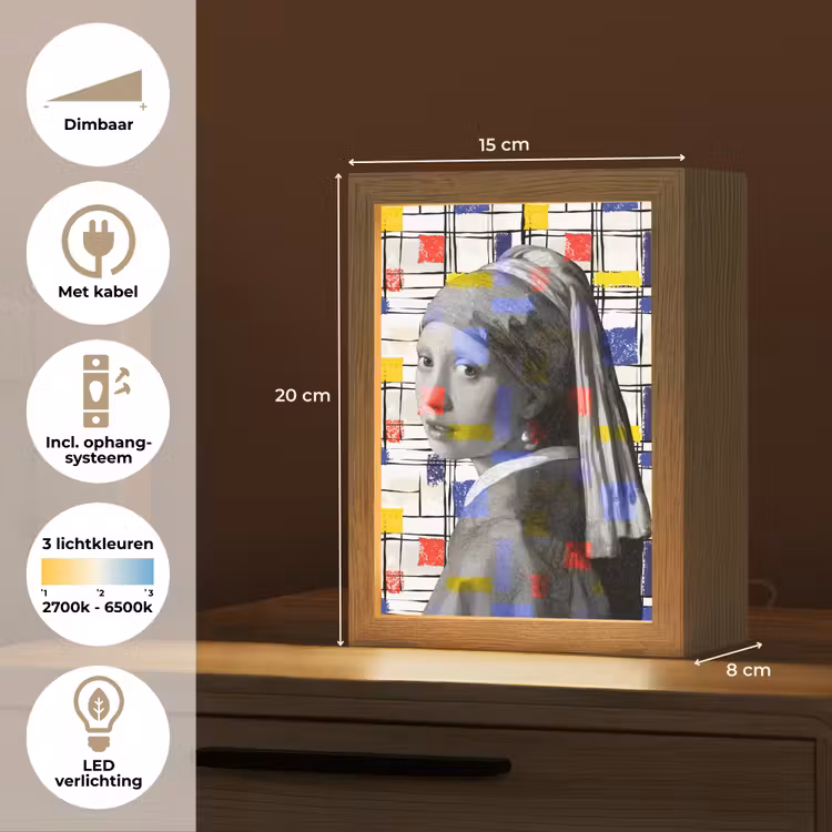 Mondriaan - Meisje met de parel - Collage Light Box met kabel (Tafellamp) klein -USP_NL