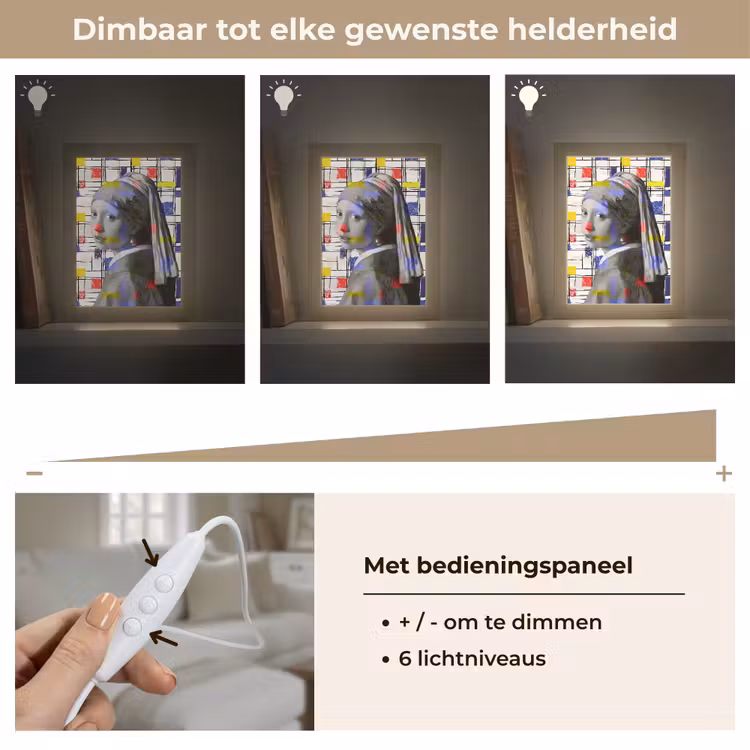 Mondriaan - Meisje met de parel - Collage Light Box met kabel (Tafellamp) klein -USP_dimbaarNL