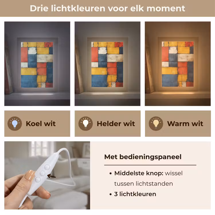 Mondriaan stijl - Kunst - Kleurrijk - Modern Light Box met kabel (Tafellamp) klein -USP_lichtkleurNL