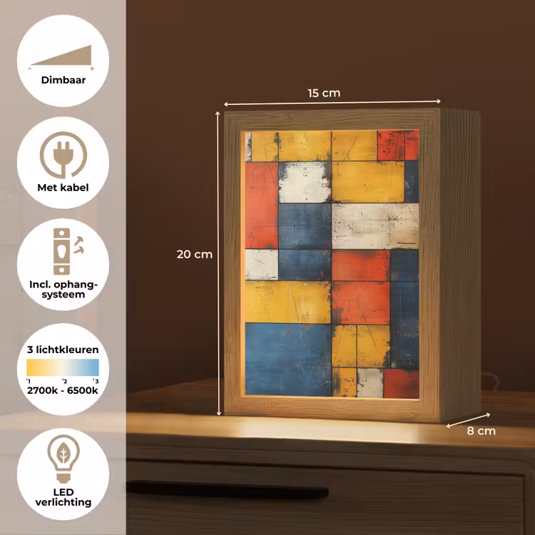 Mondriaan stijl - Kunst - Kleurrijk - Modern Light Box met kabel (Tafellamp) klein -USP_NL