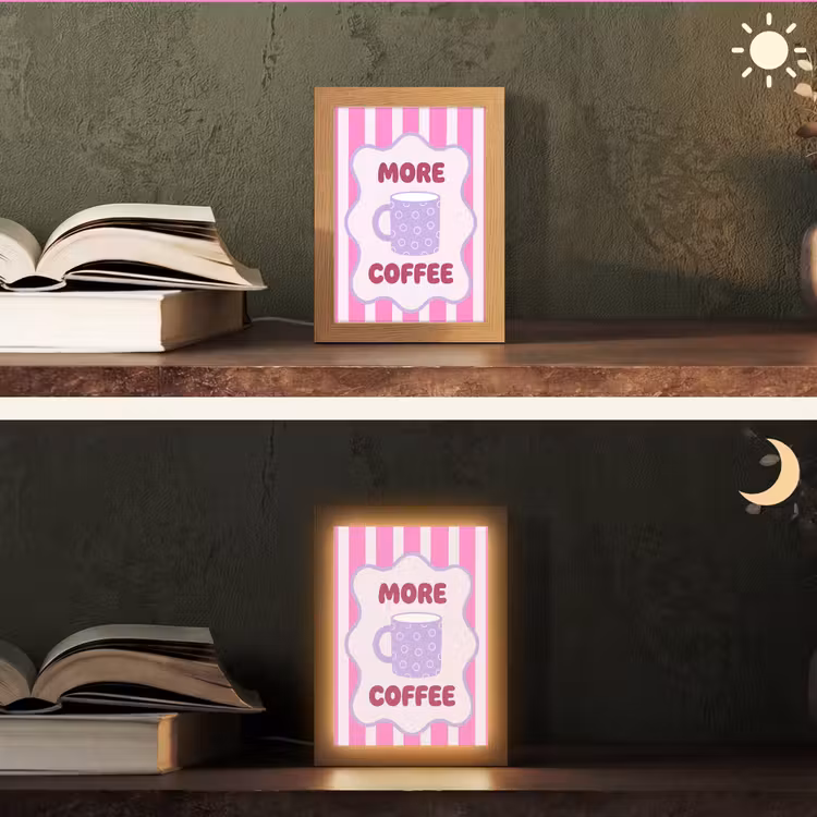 More coffee - Roze - Paars - Strepen - Mok Light Box met kabel (Tafellamp) klein -sfeer3
