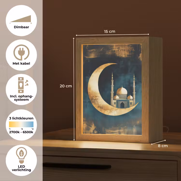 Moskee - Halve maan - Goud - Ramadan - Islamitische Light Box met kabel (Tafellamp) klein -USP_NL