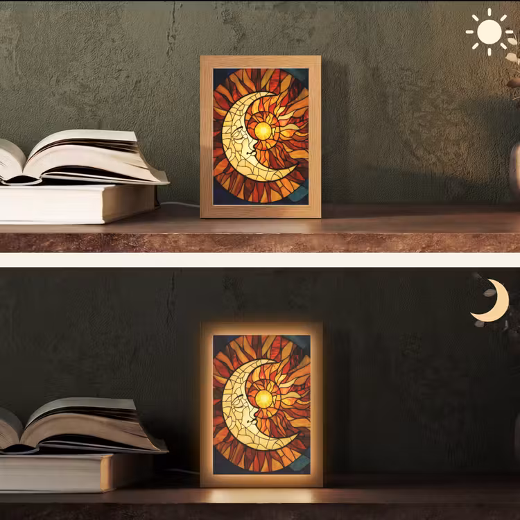 Mozaïek - Glas - Maan - Donkerblauw Light Box met kabel (Tafellamp) klein -sfeer3