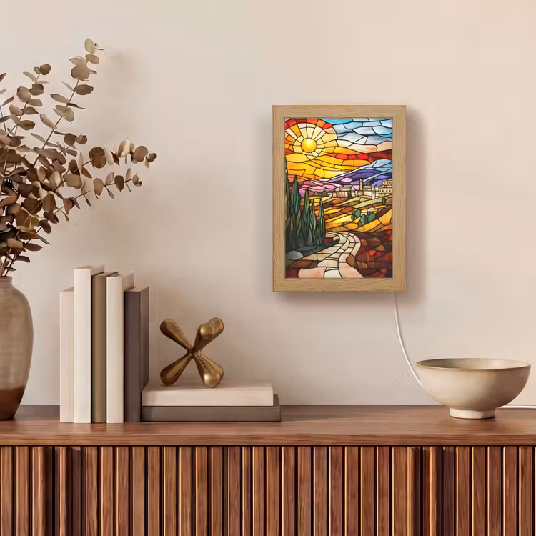 Mozaïek - Zon - Landschap - Dorp Light Box met kabel (Tafellamp) klein -sfeer2