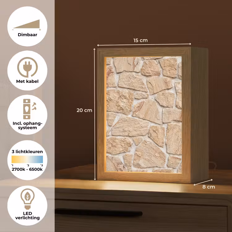 Muur - Steen - Patroon - Rustiek - Beige Light Box met kabel (Tafellamp) klein -USP_NL