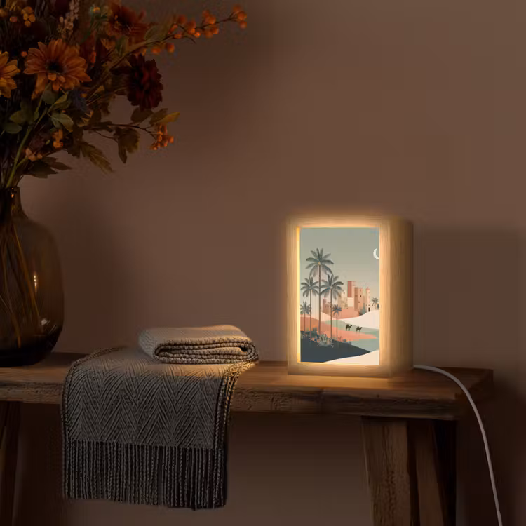 Nachtlandschap - Kamelen - Sterren - zandduinden Light Box met kabel (Tafellamp) klein -sfeer4
