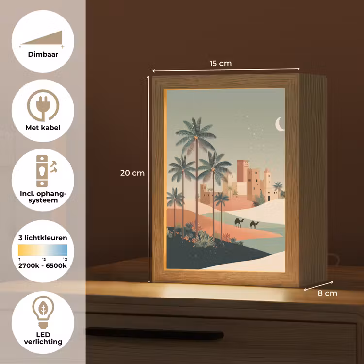 Nachtlandschap - Kamelen - Sterren - zandduinden Light Box met kabel (Tafellamp) klein -USP_NL