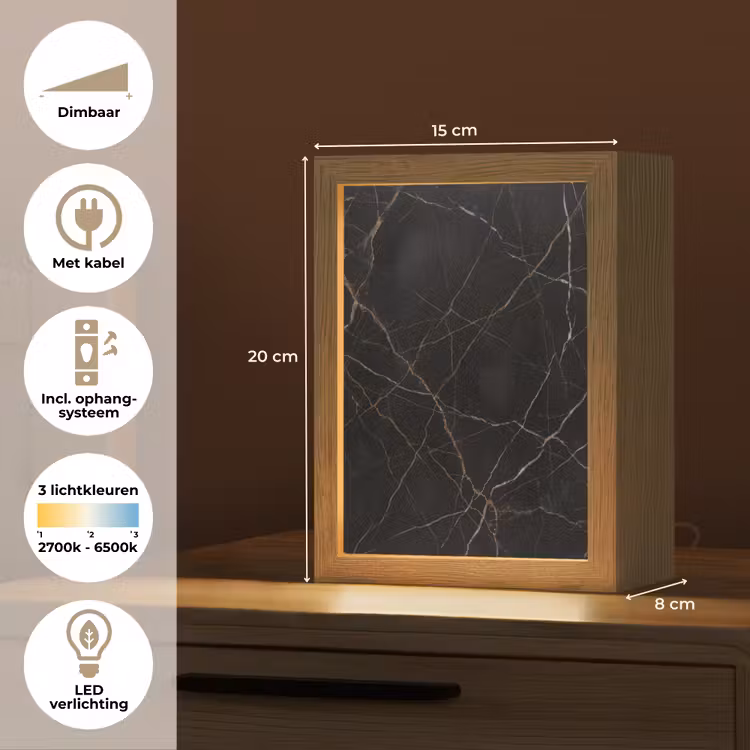 Natuursteen - Marmerpatroon - Abstract - Modern - Zwart - Goud Light Box met kabel (Tafellamp) klein -USP_NL