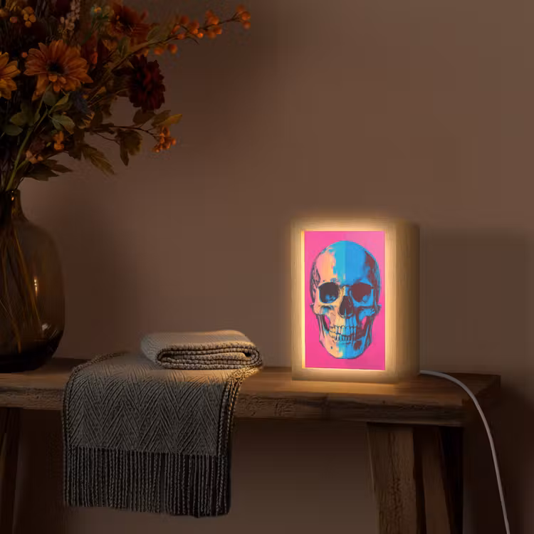Neon - Blauw - Pop-art - Schedel Light Box met kabel (Tafellamp) klein -sfeer4