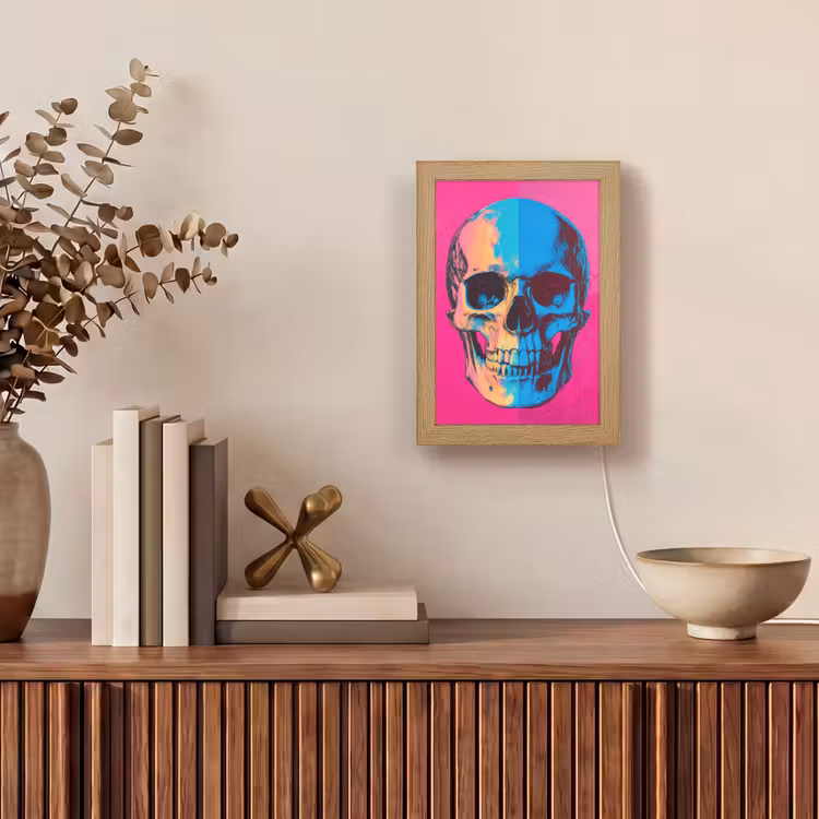 Neon - Blauw - Pop-art - Schedel Light Box met kabel (Tafellamp) klein -sfeer2