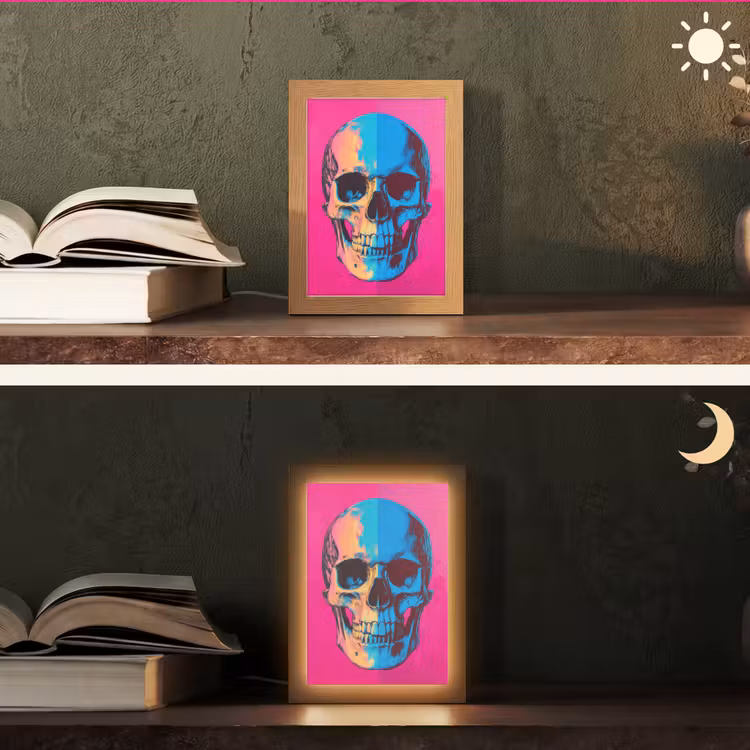 Neon - Blauw - Pop-art - Schedel Light Box met kabel (Tafellamp) klein -sfeer3