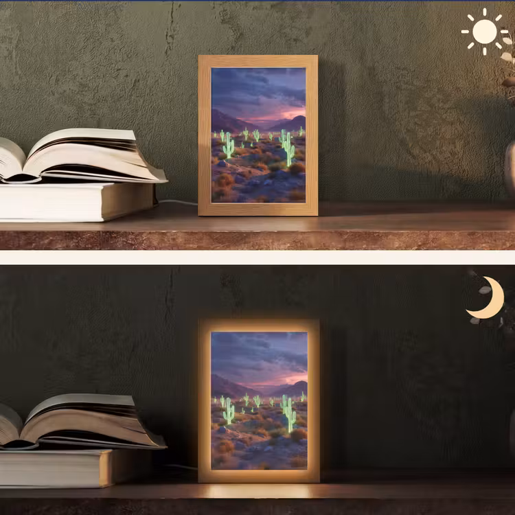 Neon cactussen - Woestijn - Zonsondergang Light Box met kabel (Tafellamp) klein -sfeer3