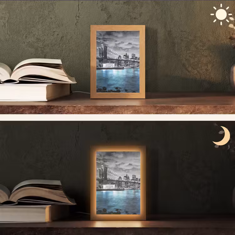 New York - Skyline - Stad - Blauw Light Box met kabel (Tafellamp) klein -sfeer3