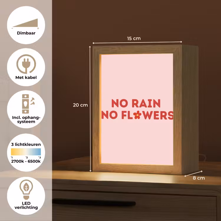 No rain no flowers - Minimalistisch - Roze - Bloem Light Box met kabel (Tafellamp) klein -USP_NL
