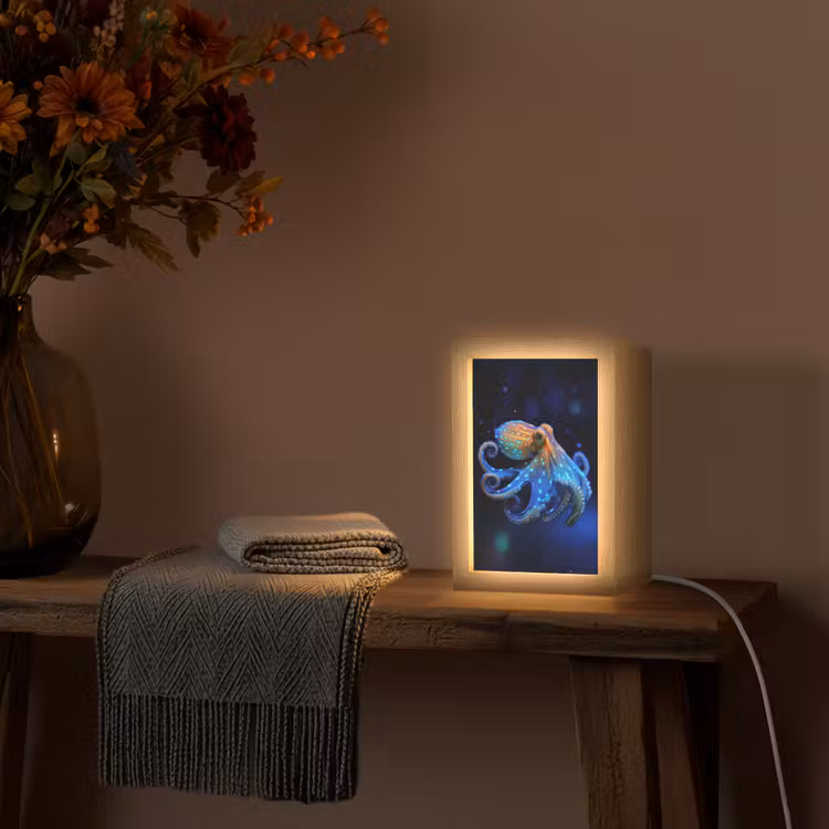 Octopus - Stippen - Blauw - Zee Light Box met kabel (Tafellamp) klein -sfeer4