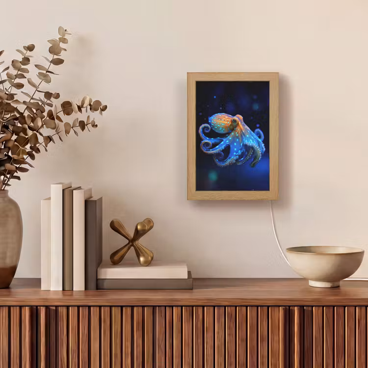 Octopus - Stippen - Blauw - Zee Light Box met kabel (Tafellamp) klein -sfeer2