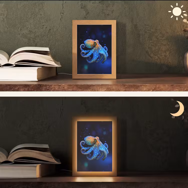Octopus - Stippen - Blauw - Zee Light Box met kabel (Tafellamp) klein -sfeer3