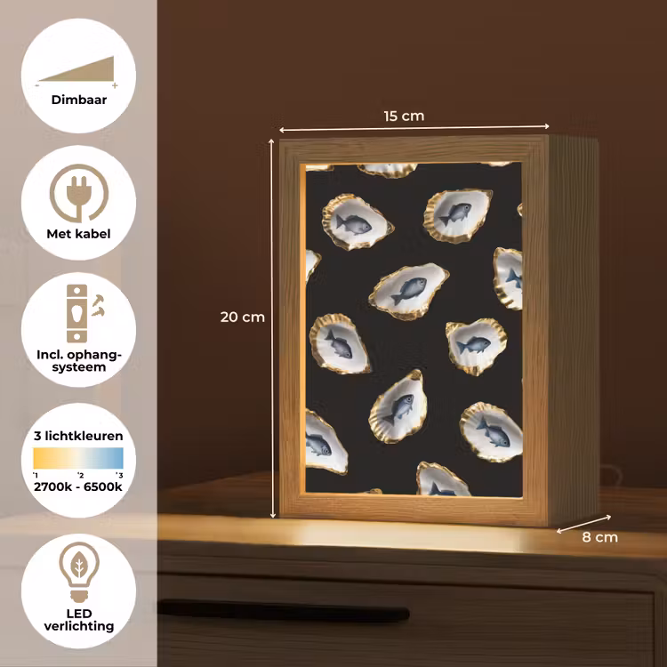 Oesters - Vissen - Blauw - Goud Light Box met kabel (Tafellamp) klein -USP_NL