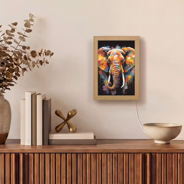 Olifant - Graffiti - Zwart - Dieren - Kleuren Light Box met kabel (Tafellamp) klein -sfeer2