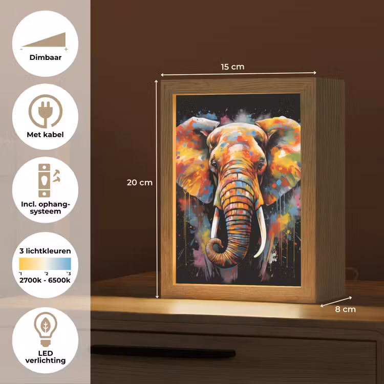 Olifant - Graffiti - Zwart - Dieren - Kleuren Light Box met kabel (Tafellamp) klein -USP_NL