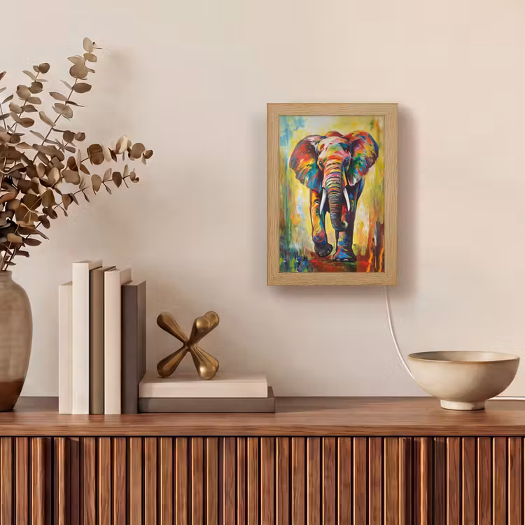 Olifant - Kunst - Schilderij - Dieren - Regenboog Light Box met kabel (Tafellamp) klein -sfeer2