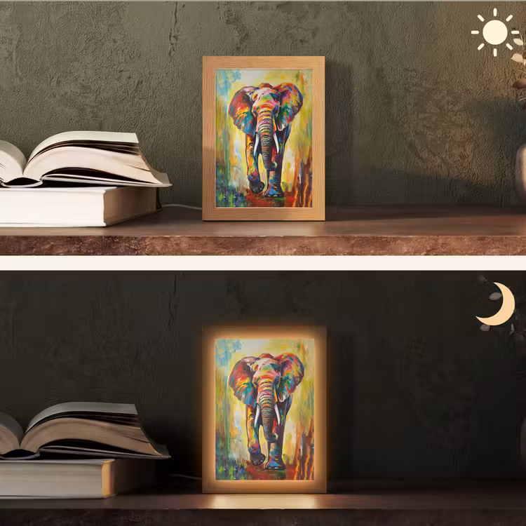 Olifant - Kunst - Schilderij - Dieren - Regenboog Light Box met kabel (Tafellamp) klein -sfeer3