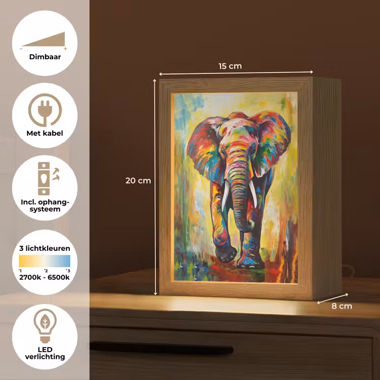 Olifant - Kunst - Schilderij - Dieren - Regenboog Light Box met kabel (Tafellamp) klein -USP_NL