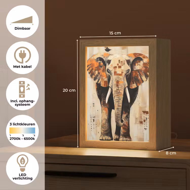 Olifant - Slurf - Mozaïek - Abstract Light Box met kabel (Tafellamp) klein -USP_NL