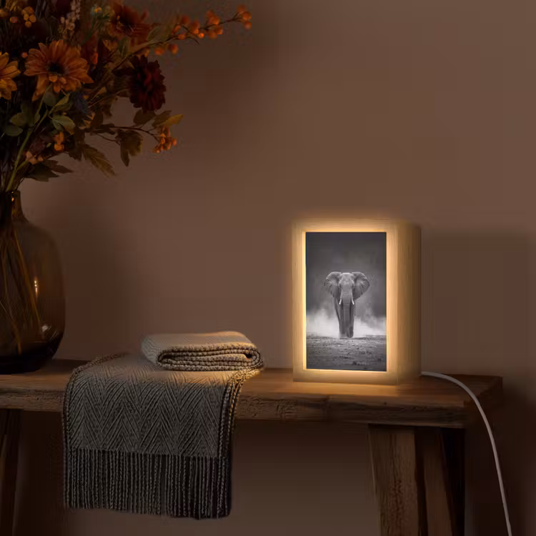 Olifant - Zwart - Wit - Rook Light Box met kabel (Tafellamp) klein -sfeer4