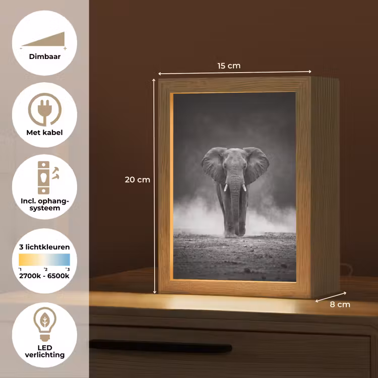 Olifant - Zwart - Wit - Rook Light Box met kabel (Tafellamp) klein -USP_NL