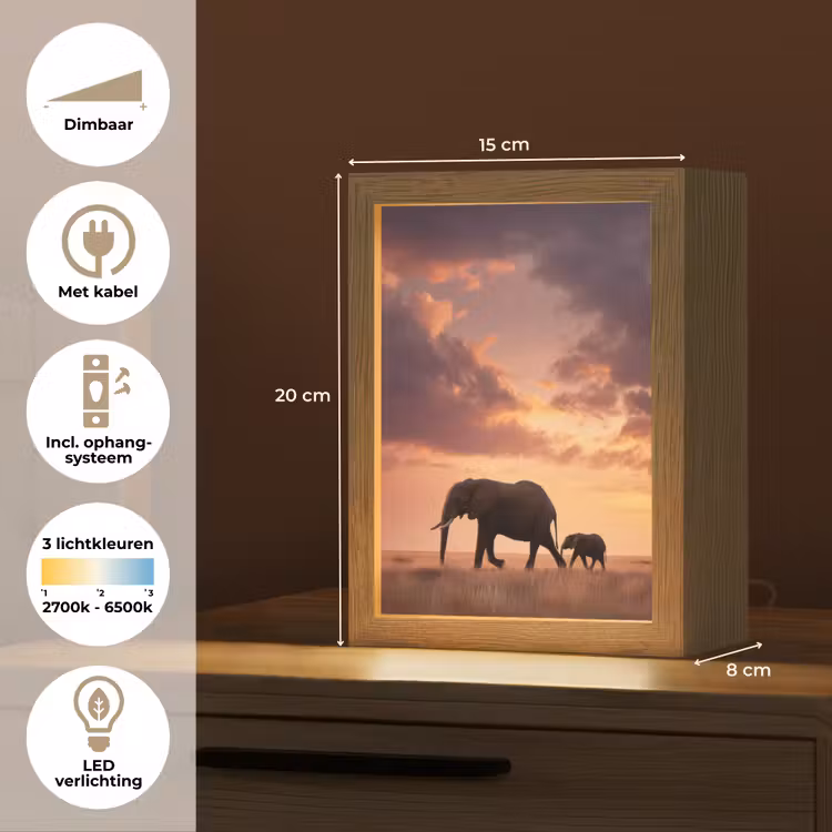 Olifanten - Grasland - Zonsondergang Light Box met kabel (Tafellamp) klein -USP_NL