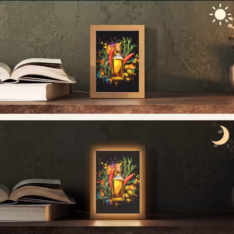 Olijfolie - Graffiti - Peper - Olijven - Modern Light Box met kabel (Tafellamp) klein -sfeer3