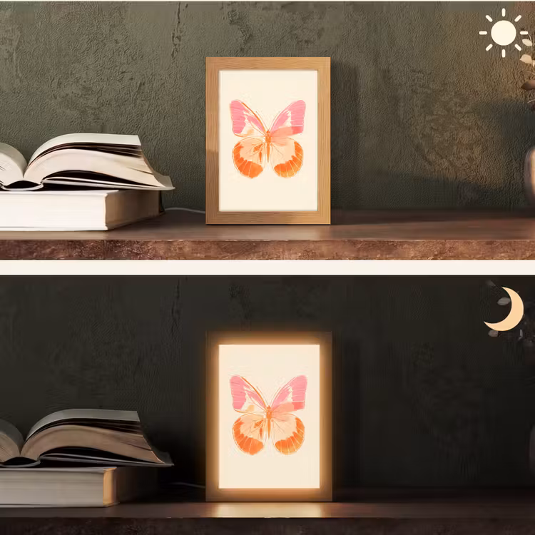 Oranje - Vlinder - Minimalistisch Light Box met kabel (Tafellamp) klein -sfeer3