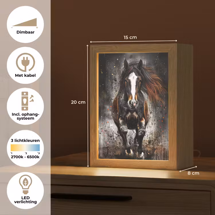 Paard - Dieren - Zwart - Luxe - Modern Light Box met kabel (Tafellamp) klein -USP_NL