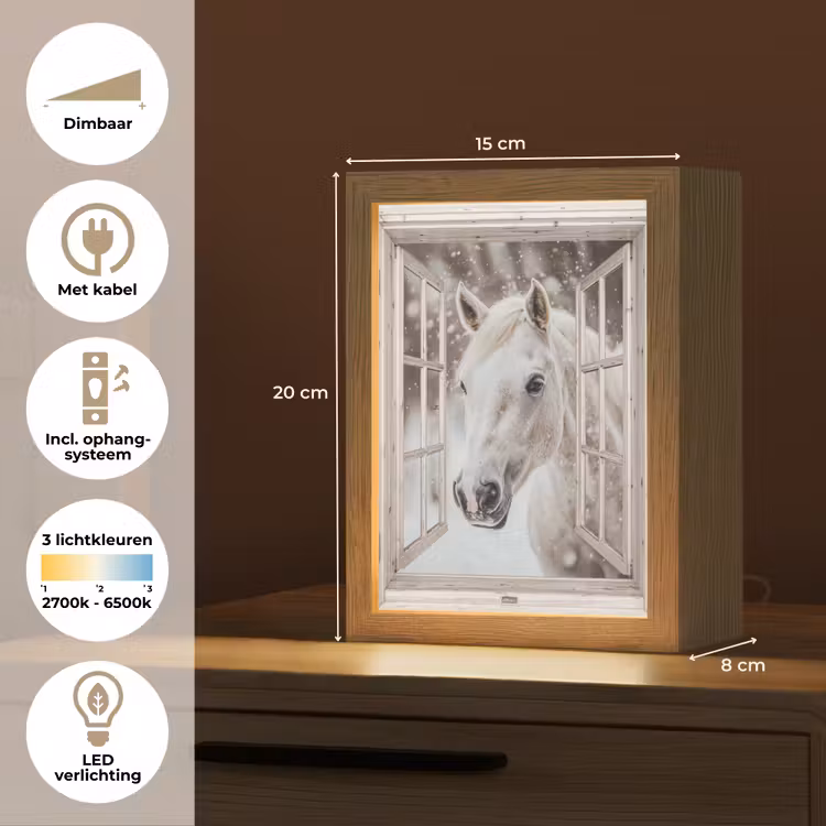 Paard - Wit - Winter - Sneeuw - Doorkijk - Dieren Light Box met kabel (Tafellamp) klein -USP_NL