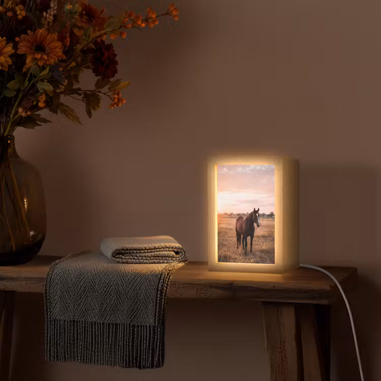 Paard - Zonsondergang - Bruin Light Box met kabel (Tafellamp) klein -sfeer4