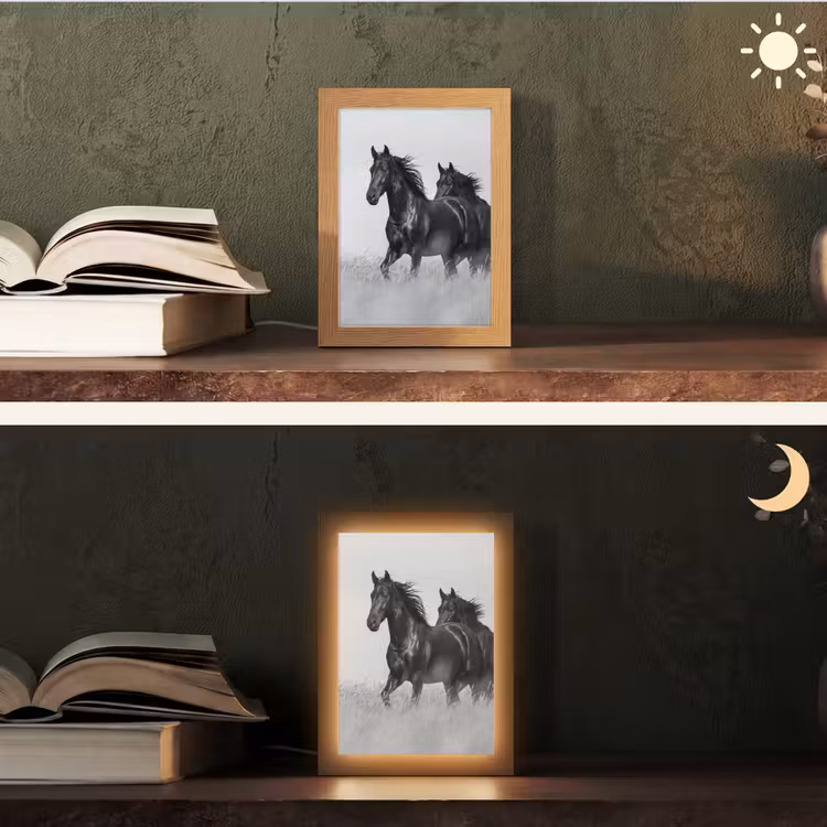 Paarden - Gras - Zwart - Wit Light Box met kabel (Tafellamp) klein -sfeer3