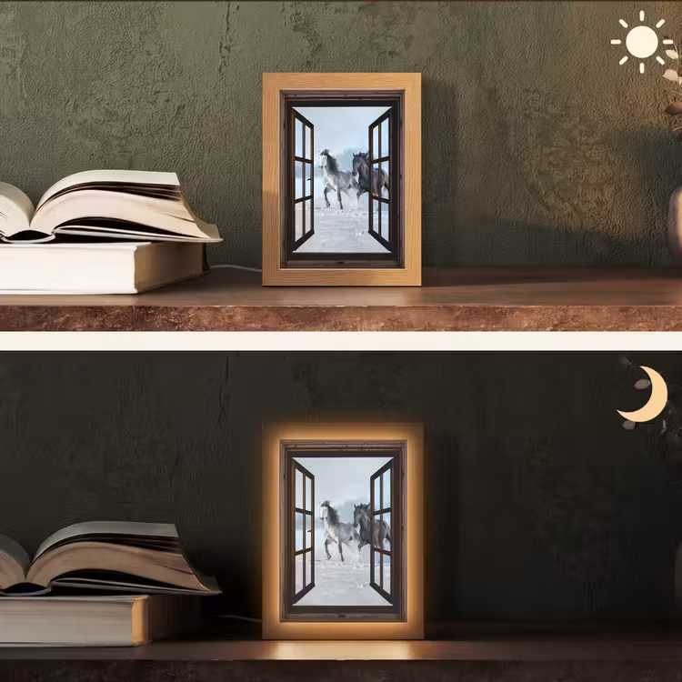 Paarden - Winter - Dieren - Natuur - Doorkijk Light Box met kabel (Tafellamp) klein -sfeer3