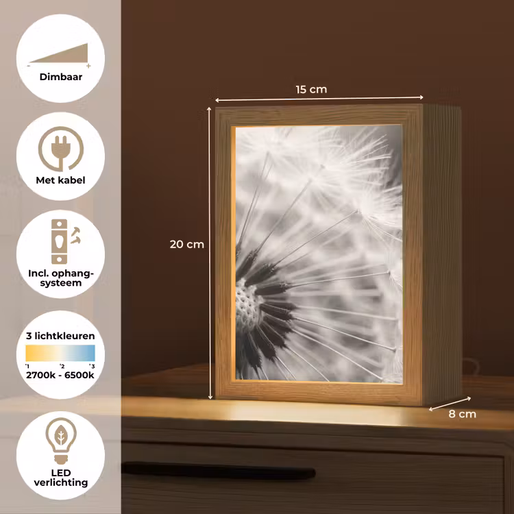 Paardenbloem - Zwart - Wit Light Box met kabel (Tafellamp) klein -USP_NL