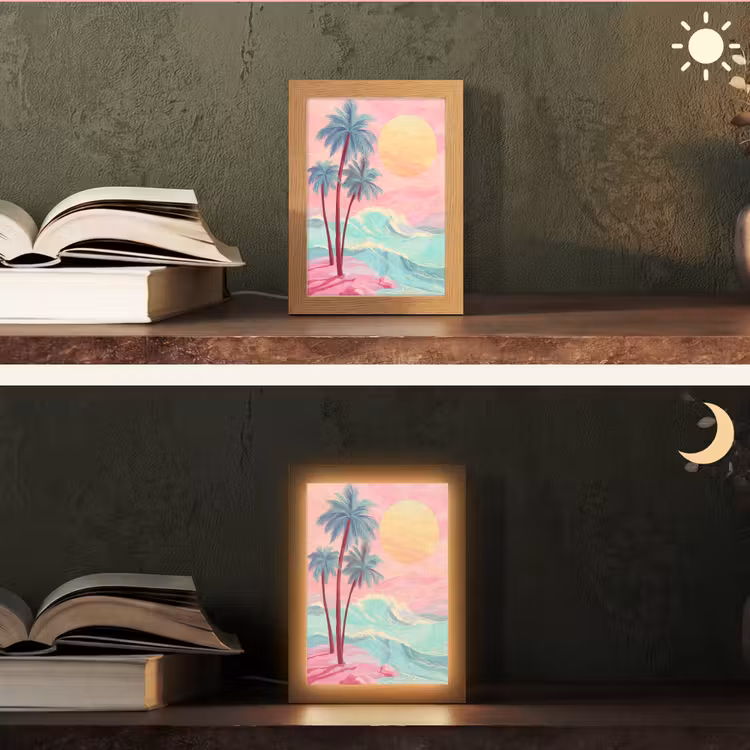 Palmbomen - Golven - Zee Light Box met kabel (Tafellamp) klein -sfeer3