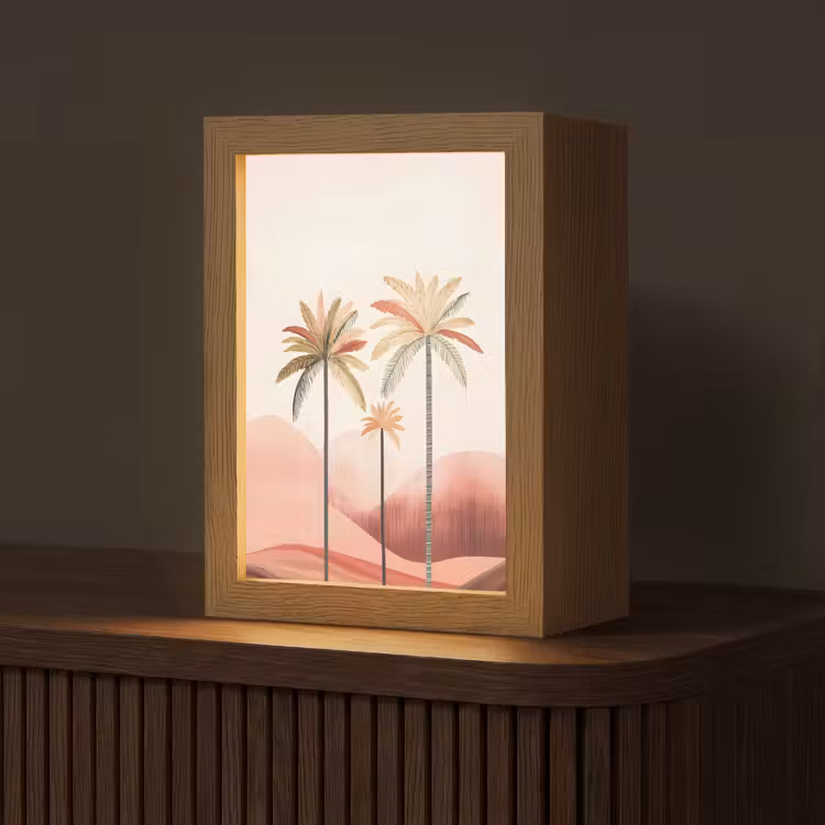 Palmbomen - Heuvels - Minimalistisch - Zachtroze Light Box met kabel (Tafellamp) klein -z3d_website