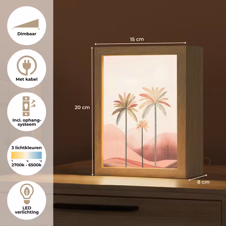 Palmbomen - Heuvels - Minimalistisch - Zachtroze Light Box met kabel (Tafellamp) klein -USP_NL