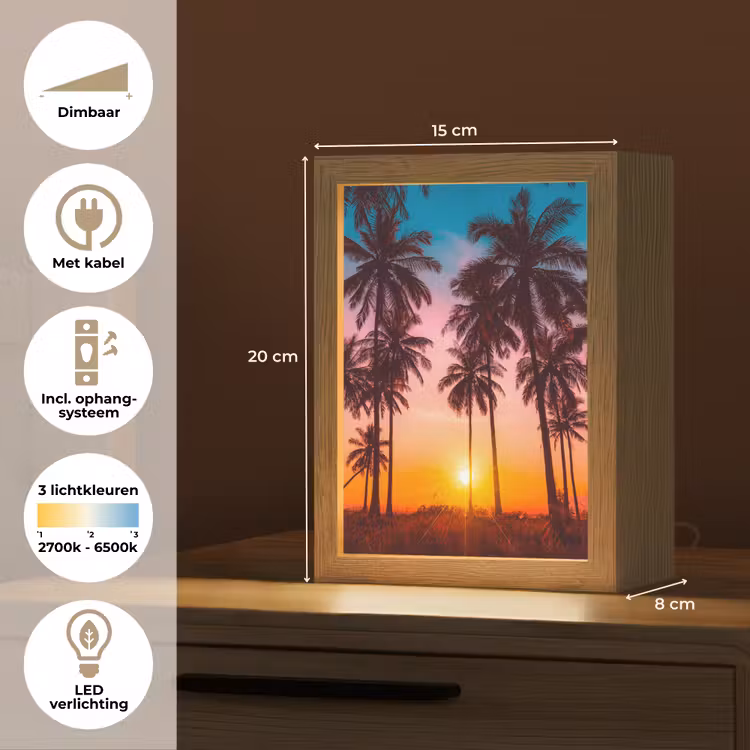 Palmboom - Zonsondergang - Horizon - Strand - Oranje - Roze Light Box met kabel (Tafellamp) klein -USP_NL