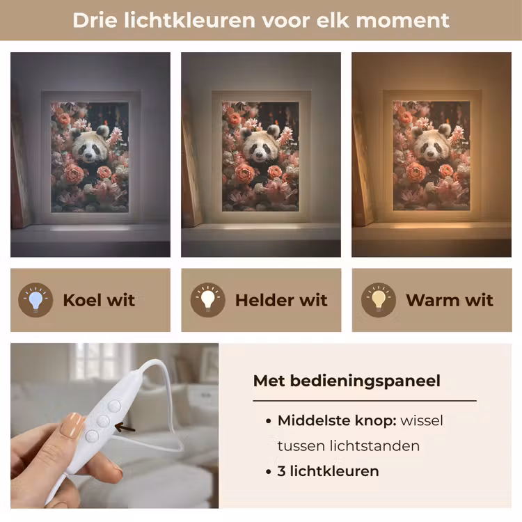 Panda - Dier - Bloemen - Natuur - Botanisch Light Box met kabel (Tafellamp) klein -USP_lichtkleurNL