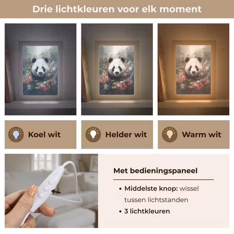 Panda - Wilde dieren - Bloemen - Natuur Light Box met kabel (Tafellamp) klein -USP_lichtkleurNL