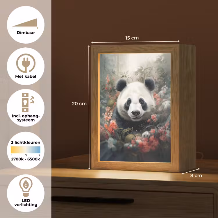 Panda - Wilde dieren - Bloemen - Natuur Light Box met kabel (Tafellamp) klein -USP_NL