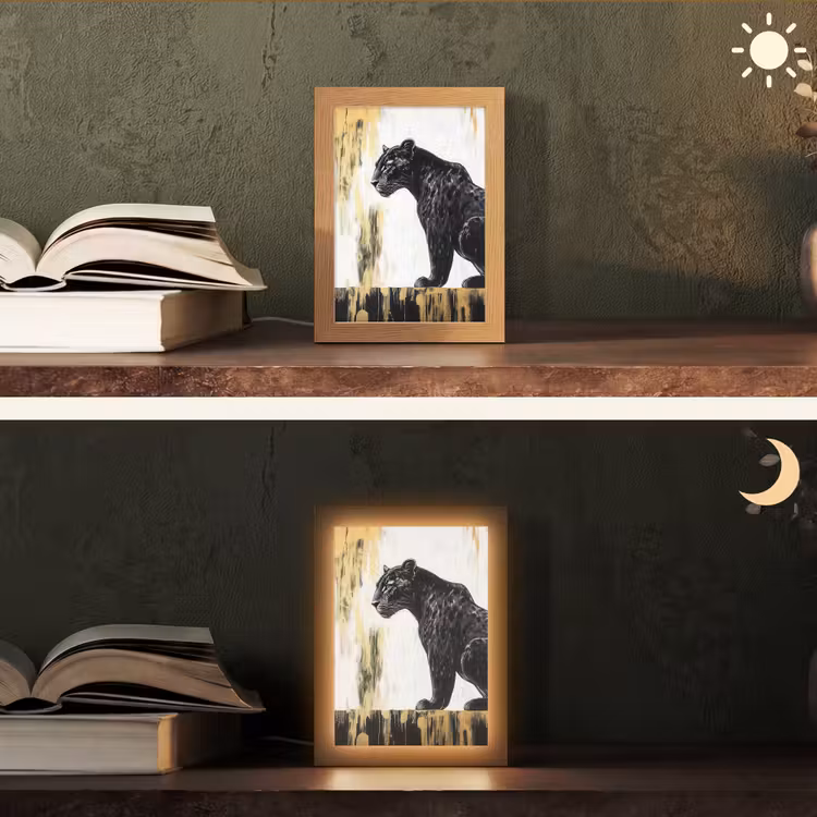 Panter - Zwart - Abstract - Goud Light Box met kabel (Tafellamp) klein -sfeer3