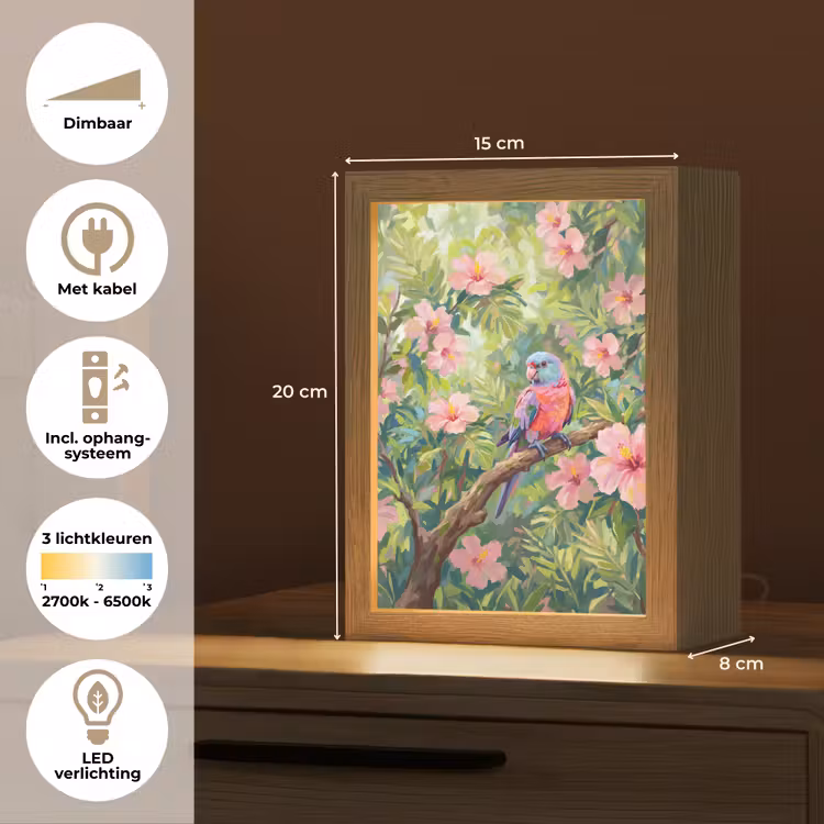 Papagaai - Hibiscusbloemen - Kleurrijk Light Box met kabel (Tafellamp) klein -USP_NL