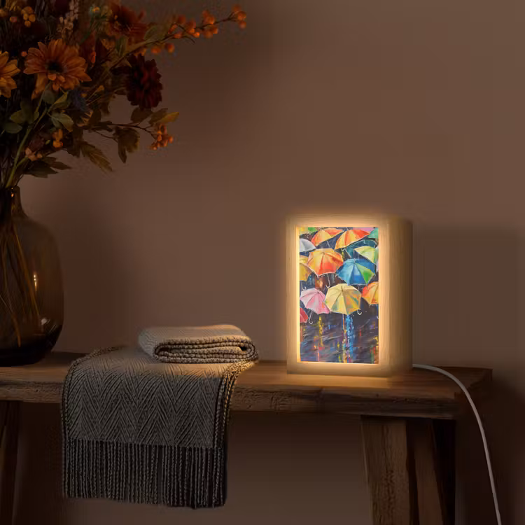 Paraplu's - Schilderij - Kunst - Regenboog Light Box met kabel (Tafellamp) klein -sfeer4