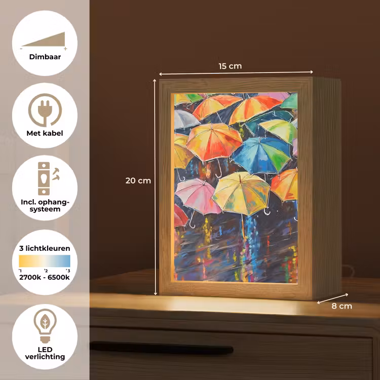 Paraplu's - Schilderij - Kunst - Regenboog Light Box met kabel (Tafellamp) klein -USP_NL